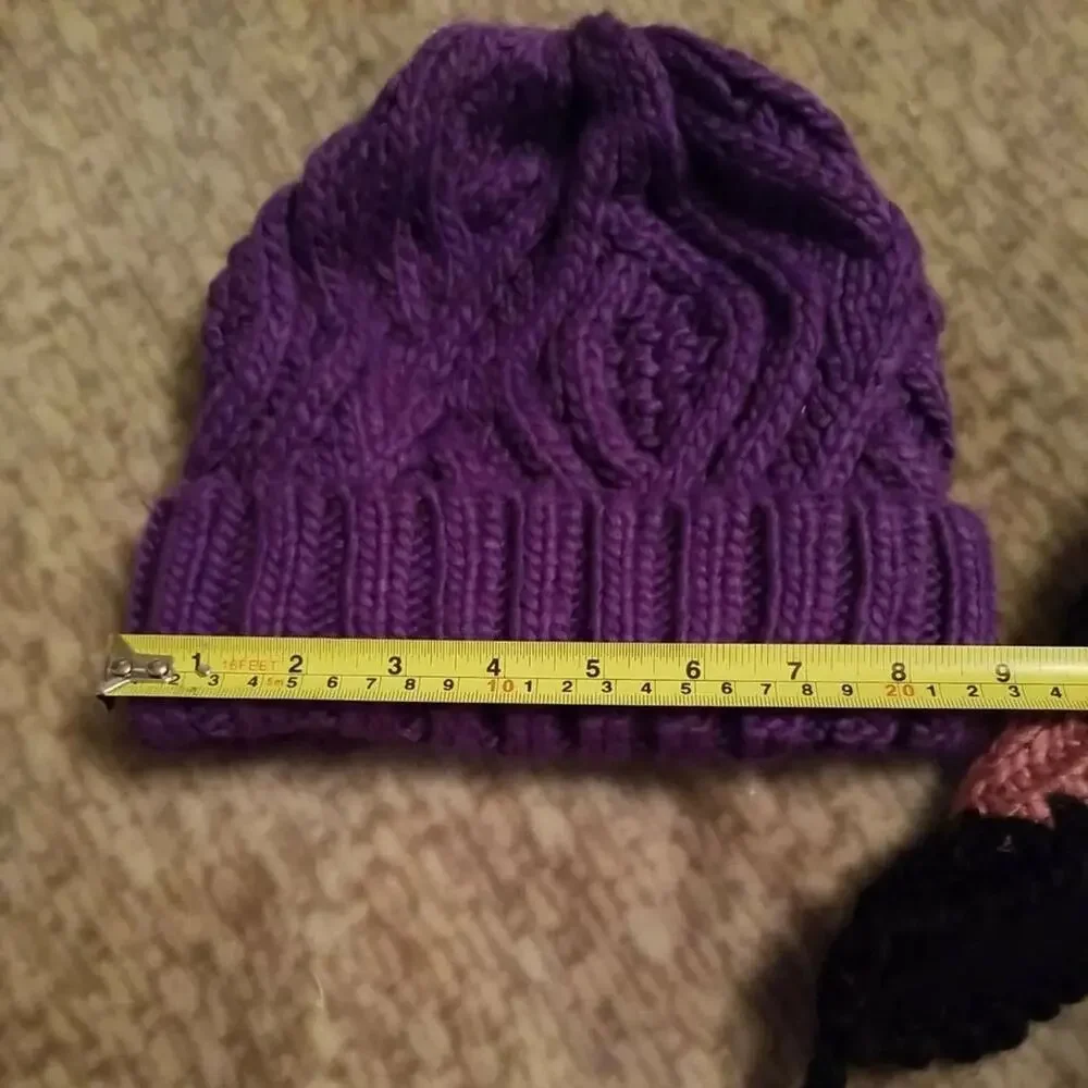 Naf Naf (2) two Women Hats Cable Knit Wool Blend Black Coral Purple One size EUC